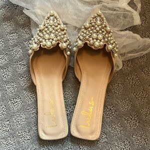 Lulus Flora Beige Suede Pearl Embroidered Pointed-Toe Flats